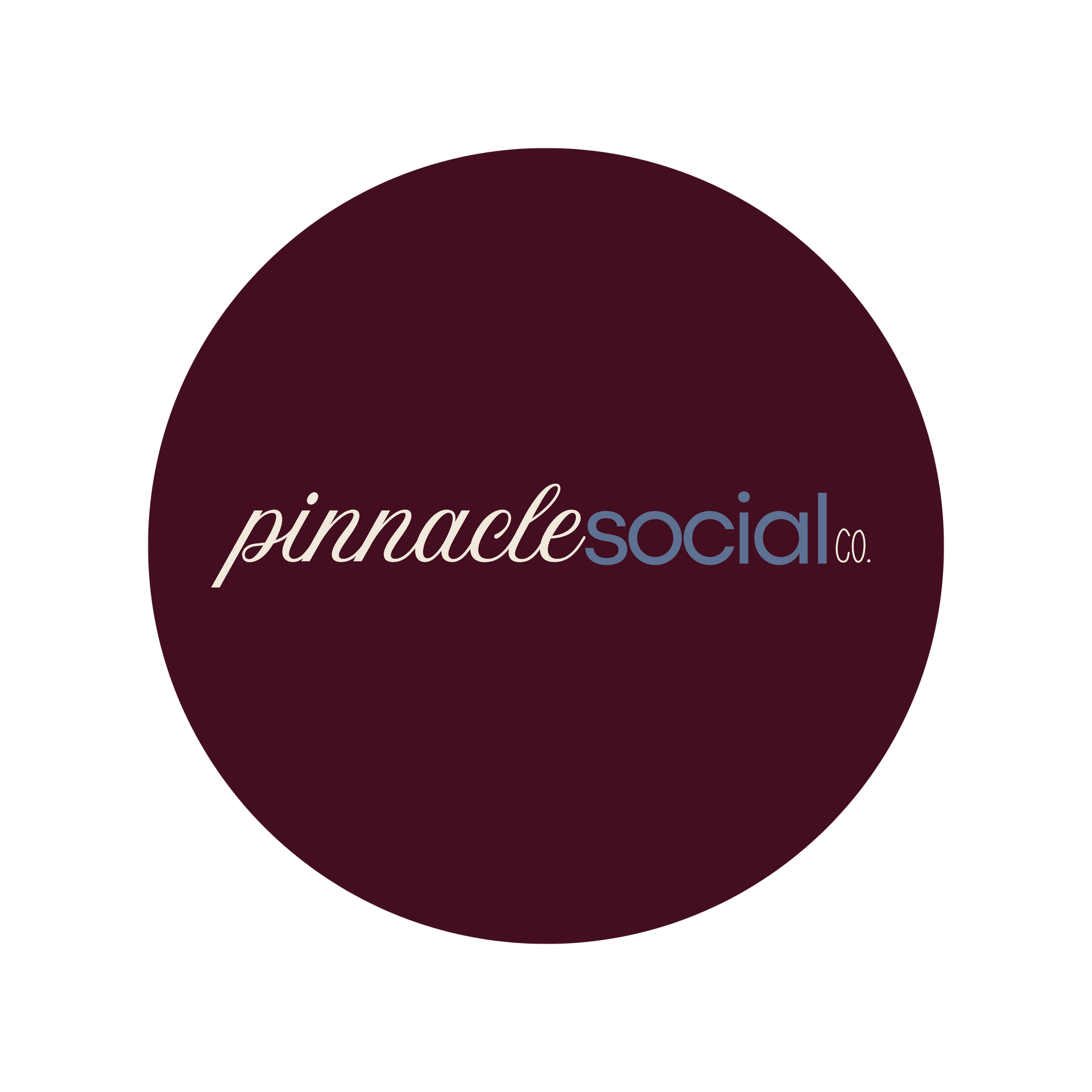 A circular, dark maroon logo with the white and light blue text 