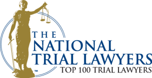 The National Trial Lawyers logo with gold statue and blue text “Top 100 Trial Lawyers”