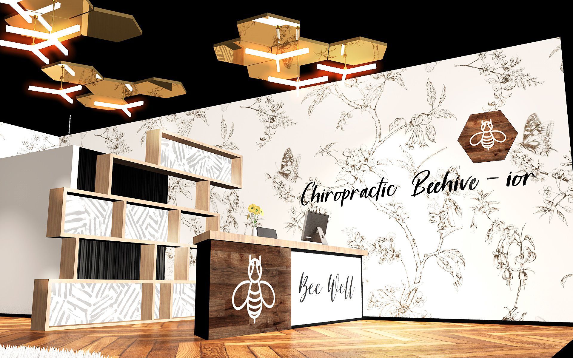 A 3d rendering of a reception area for a chiropractic clinic.