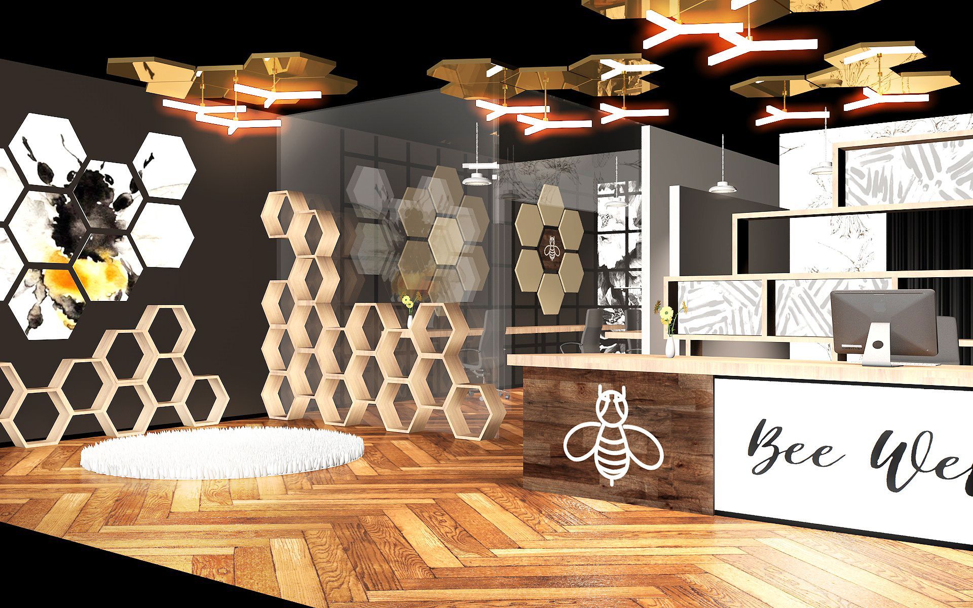 A 3d rendering of a room with honeycombs and a bee on the wall.