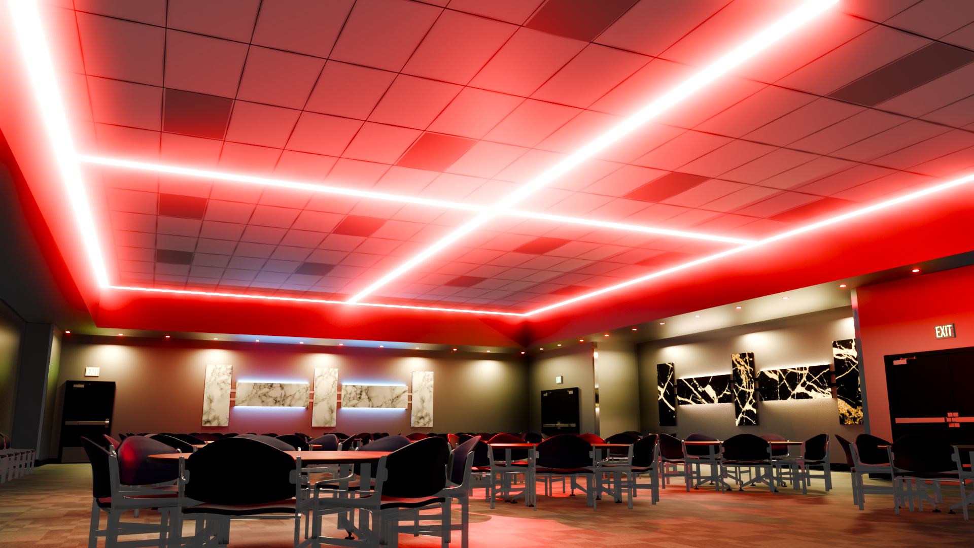A large room with red lights on the ceiling and tables and chairs