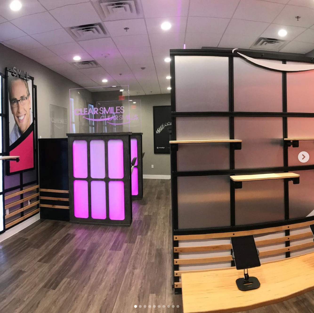 A room with a sign that says near smiles on it