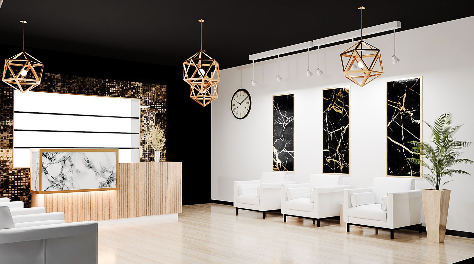 A waiting room with a reception desk , chairs , and a clock on the wall.
