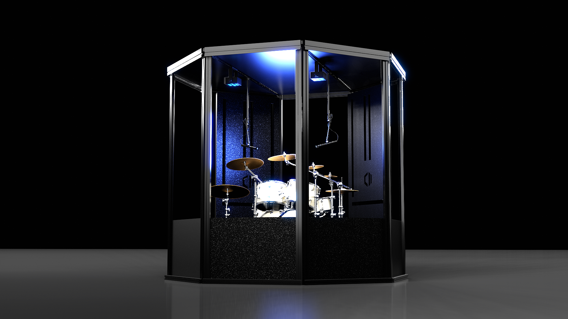 A drum set is sitting inside of a black octagon.