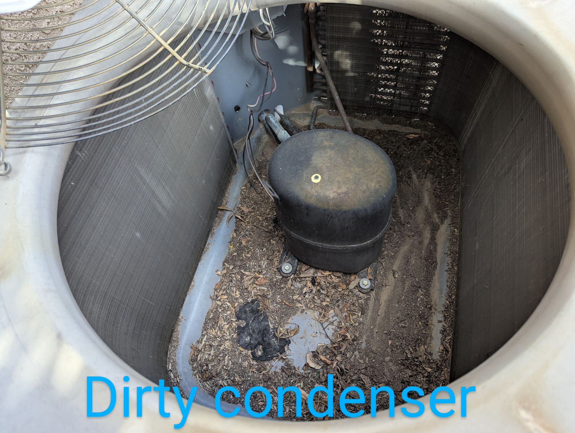 A picture of a dirty condenser with the words dirty condenser below it