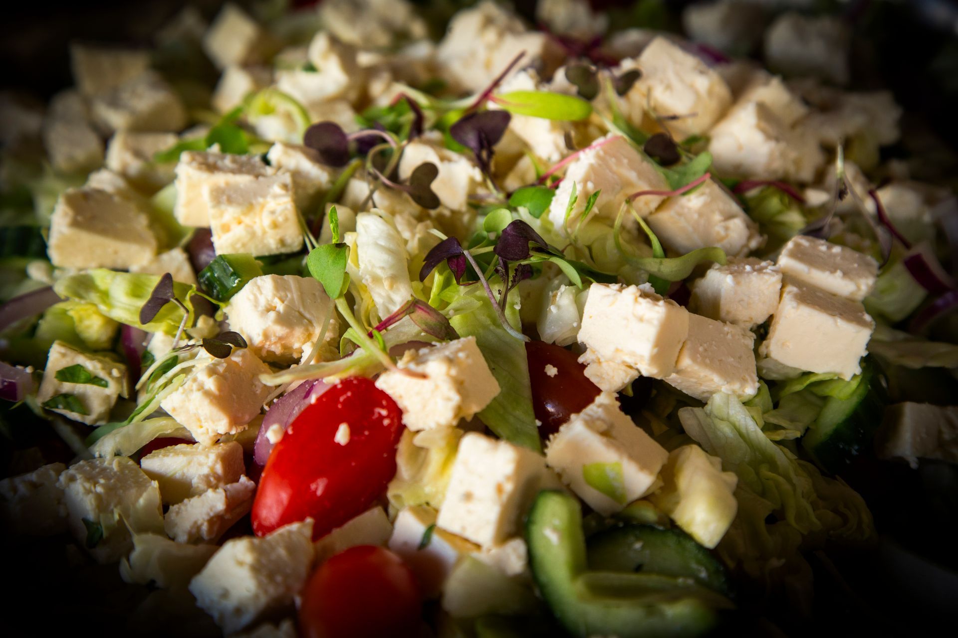 Salad with white cubed cheese, red tomatoes, and green lettuce.