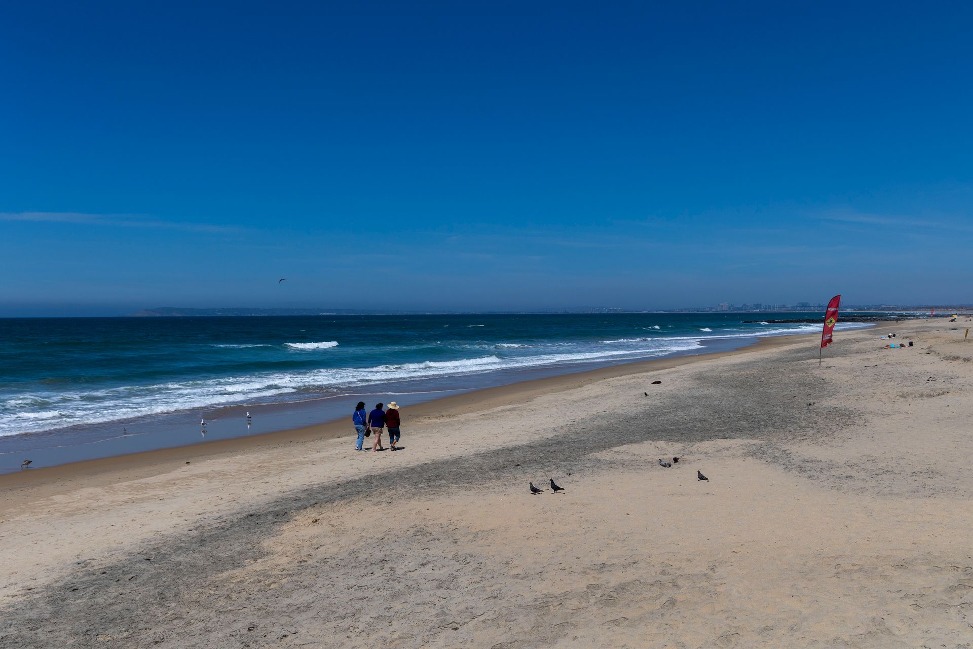 people walking on a beach with a red flag in the distance