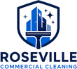 Roseville Commercial Cleaning logo featuring a modern building, squeegee, and sparkle icons representing professional janitorial services in Roseville, MN