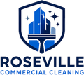 Roseville Commercial Cleaning logo featuring a modern building, squeegee, and sparkle icons representing professional janitorial services in Roseville, MN