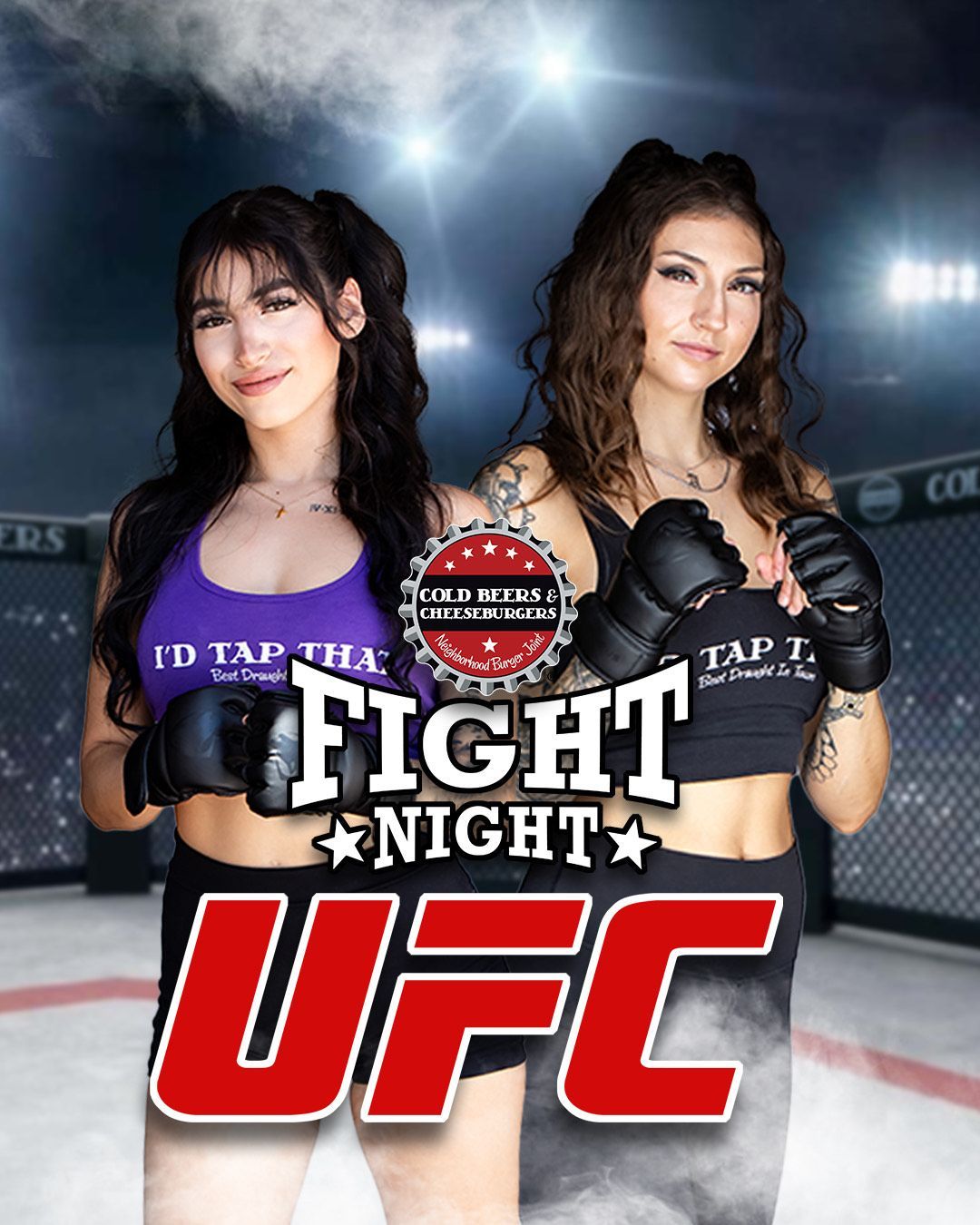 Two models are standing next to each other in a ufc ring.