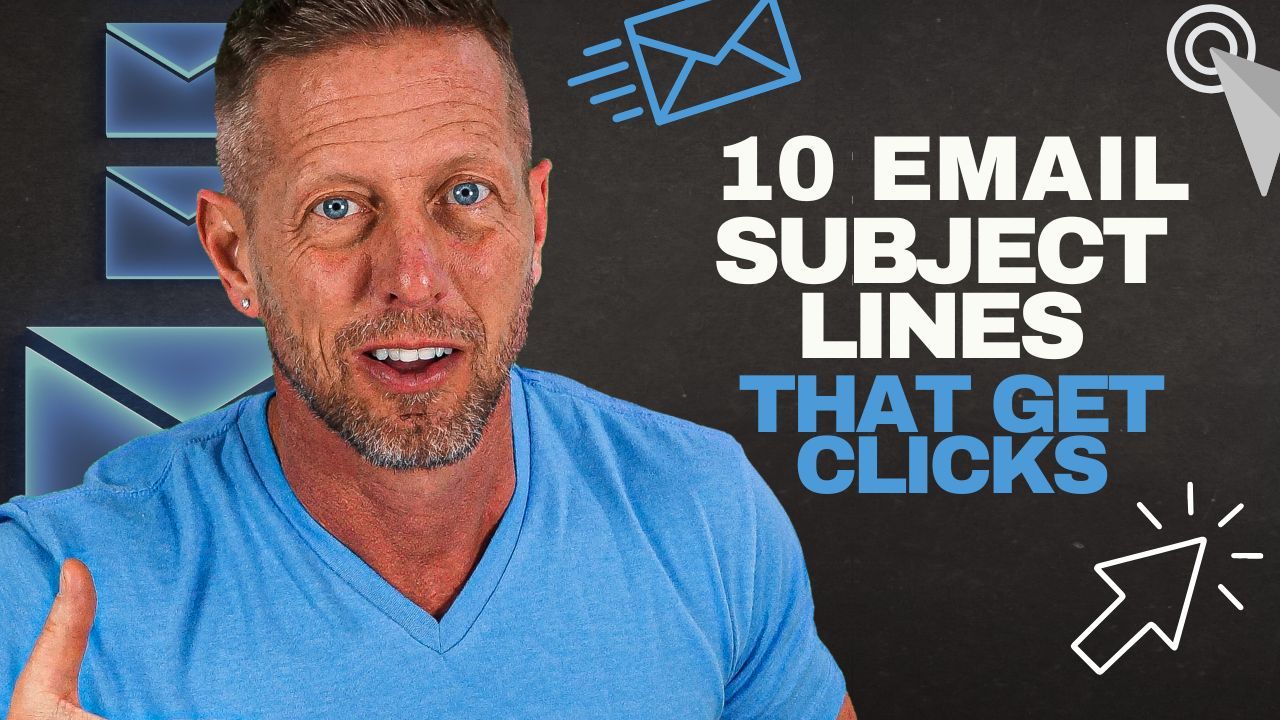 A man in a blue shirt is talking about email subject lines that get clicks.