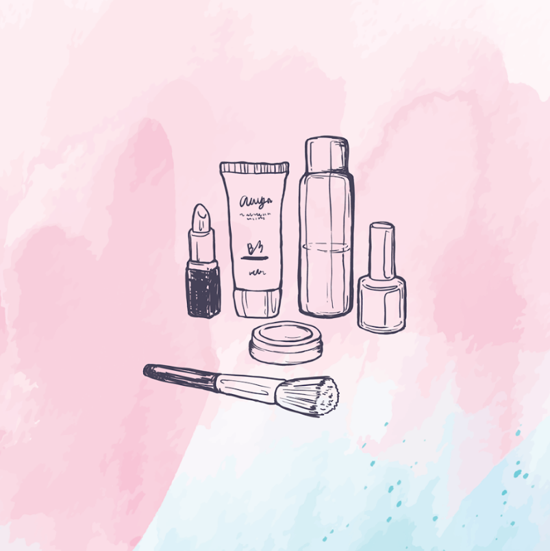 A drawing of cosmetics on a pink and blue background.