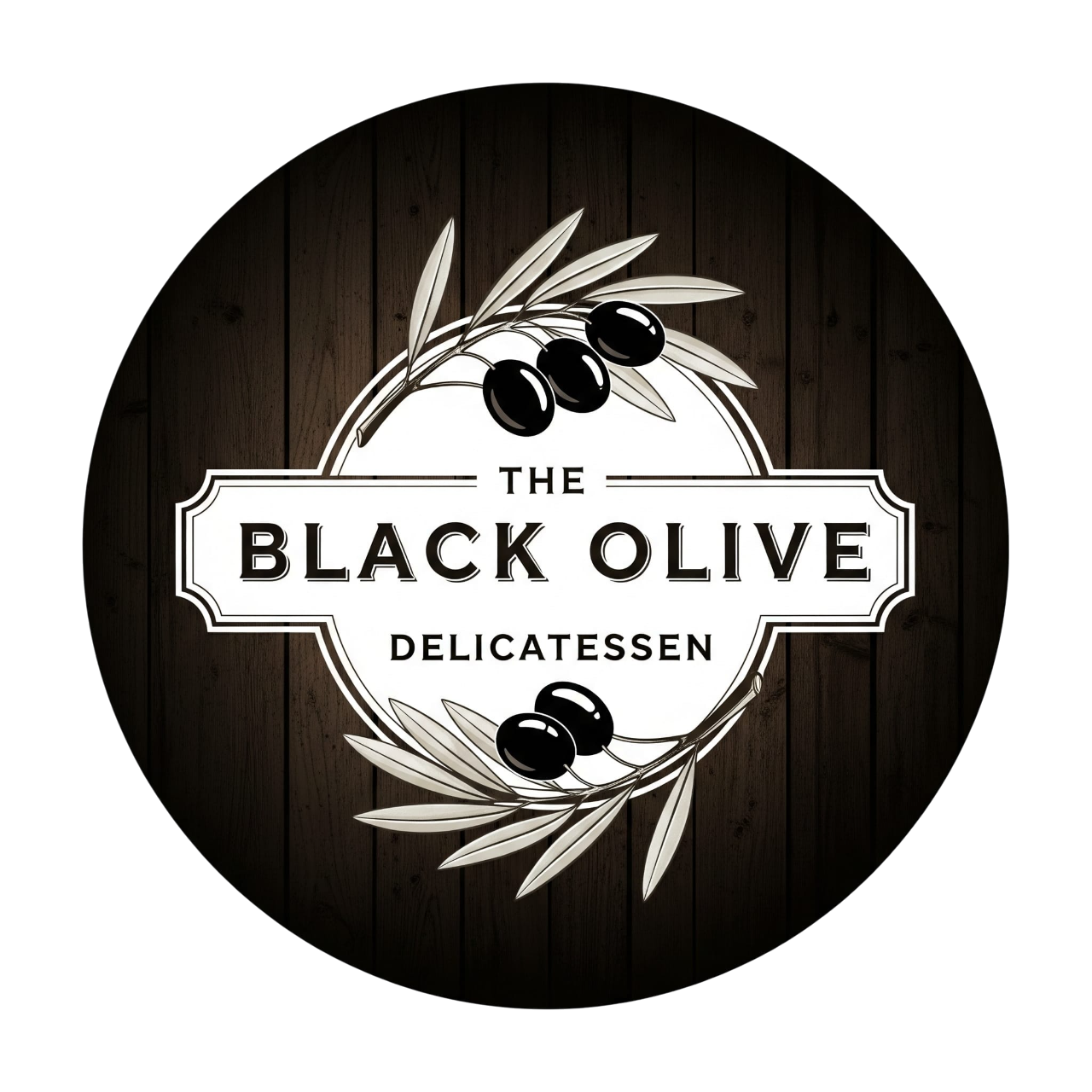 Het logo van Black Olive Delicatessen: zwarte olijven op een tak in een embleem op een houten achtergrond.
