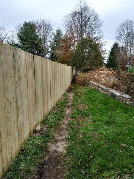A wooden fence surrounds a grassy area with trees in the background.