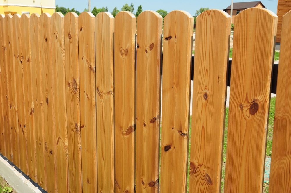 Wooden fence with a scalloped top, made of vertical planks, golden-brown color, outdoors in a sunny setting.