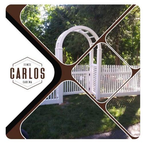 White picket fence with arched entrance. Brown and white logo in the corner. Green grass and trees in background.