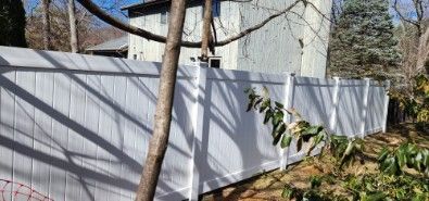 White vinyl fence bordering a yard, tree in the foreground with a building and foliage in the background. Shadows are cast on the fence.