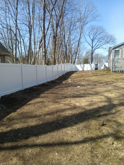 A white vinyl fence lines the edge of a yard. Trees and a house are visible in the background, under a bright, clear sky.