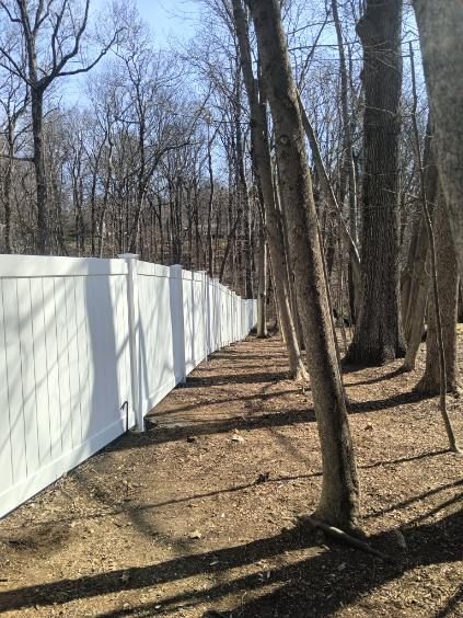 White fence bordering a wooded area on a sunny day, with bare trees casting shadows.