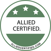 The Allied Certified logo. A white circle with a green border featuring a a green strip at the top and bottom, three stars centered within the top green stripe and the words Allied Certified centered between the green stripes.