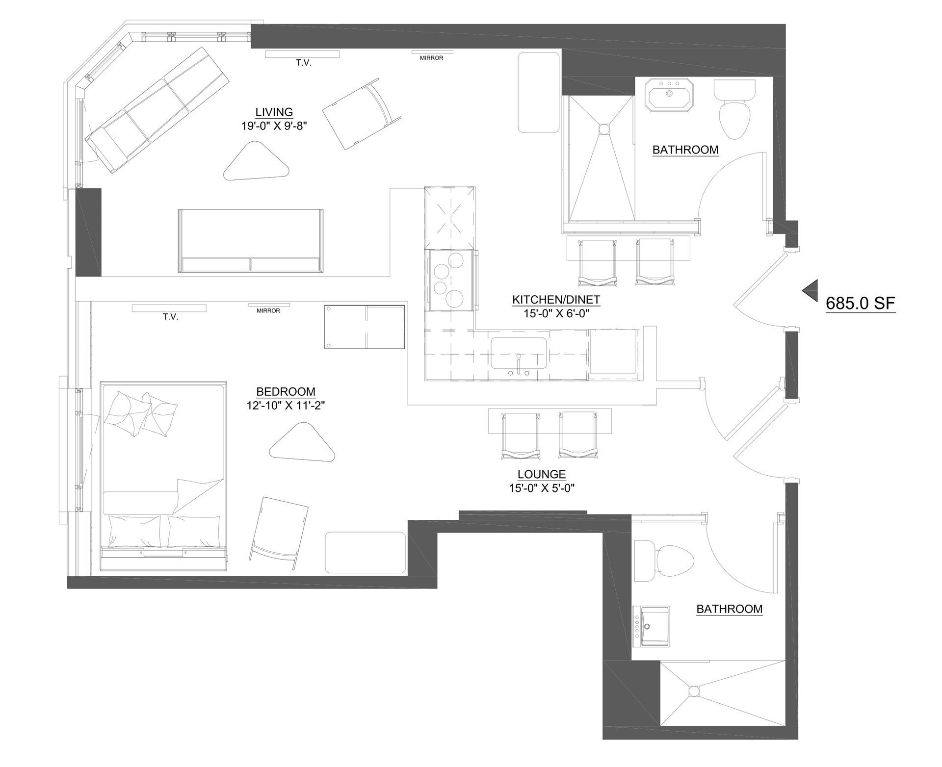 Floor plan of a studio apartment, with living area, kitchen, bathroom, and bedroom.