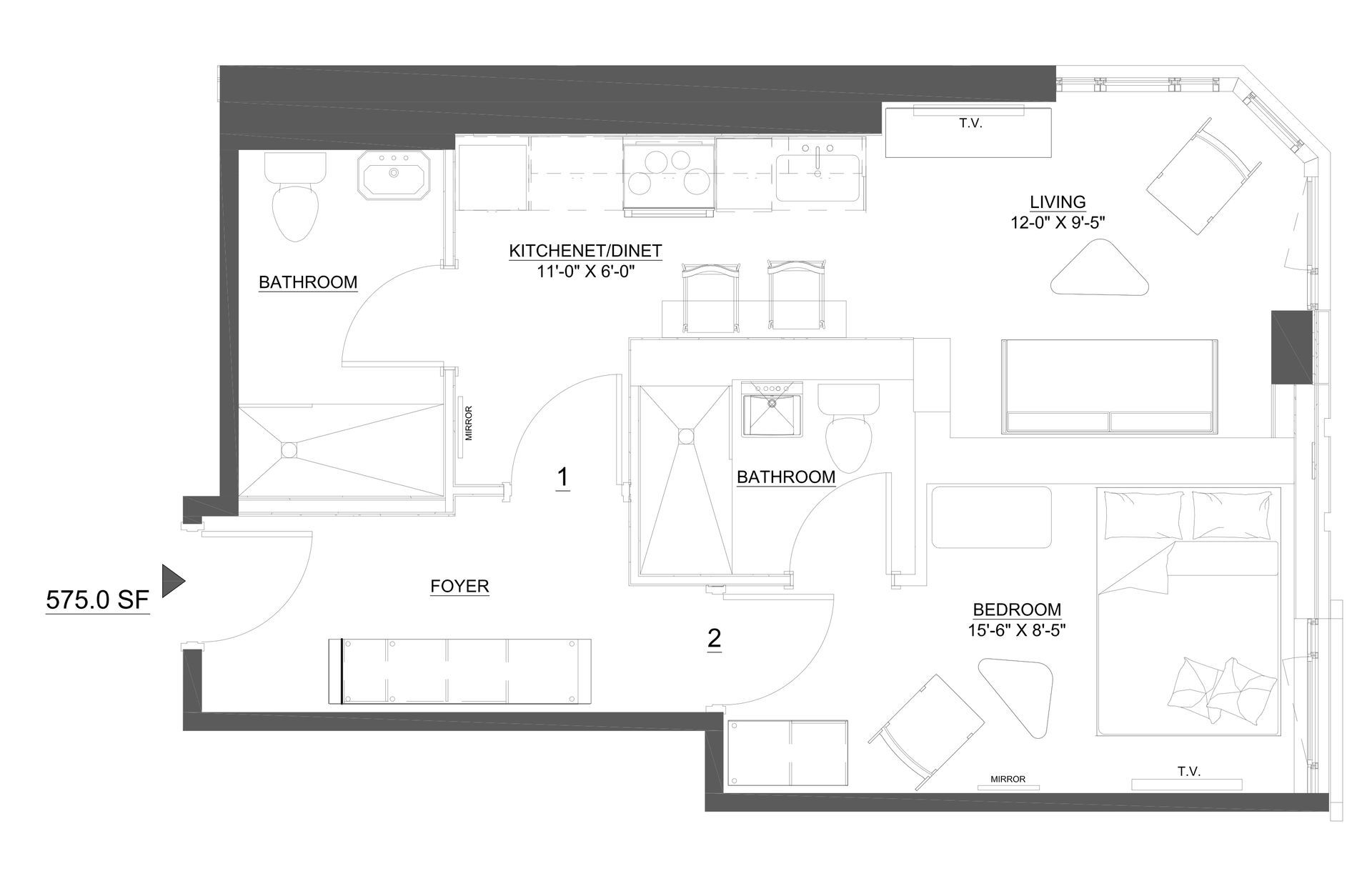 Floor plan of an apartment, showing rooms labeled 