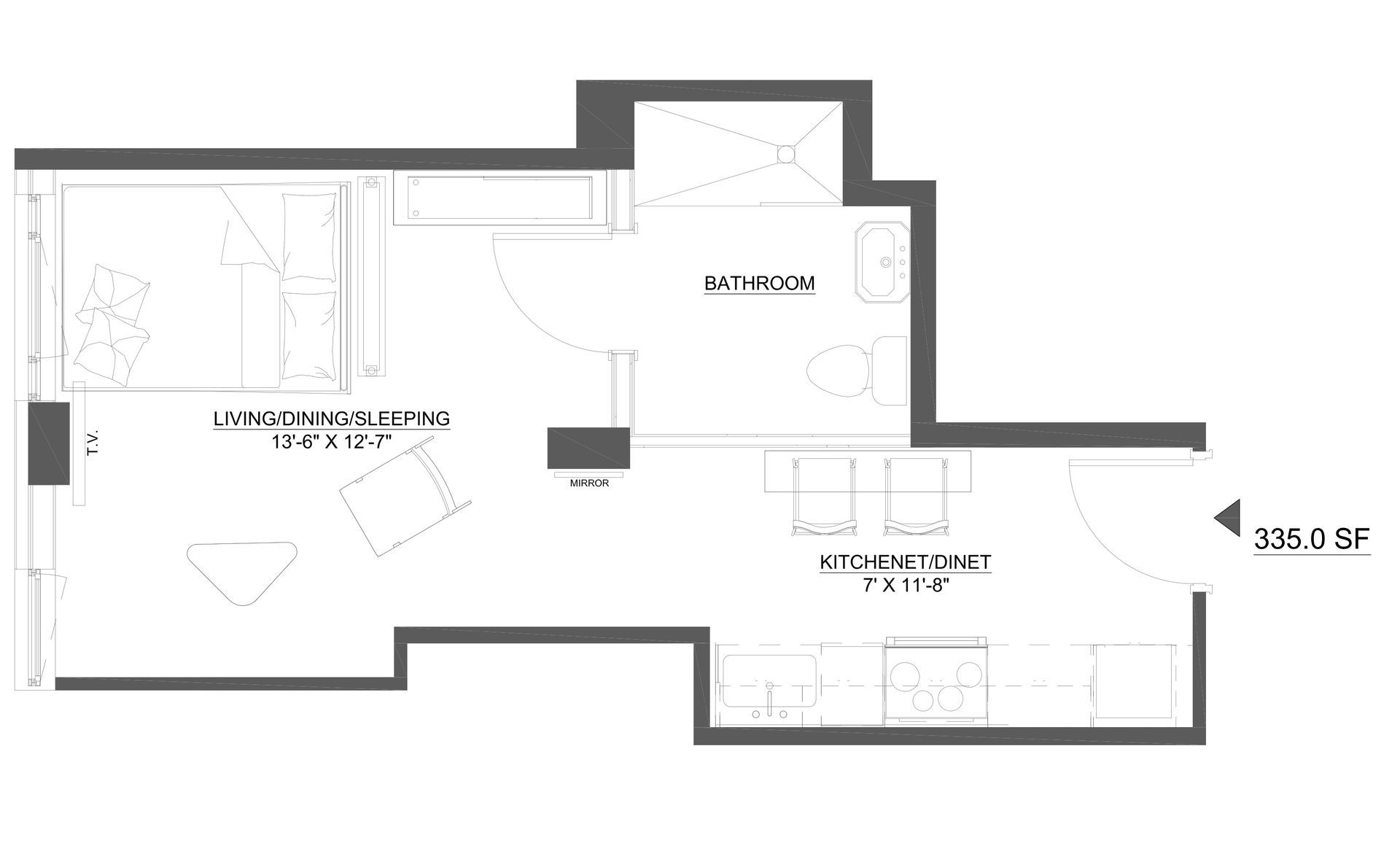 Floor plan of a studio apartment, featuring a living/sleeping area, bathroom, and kitchen.