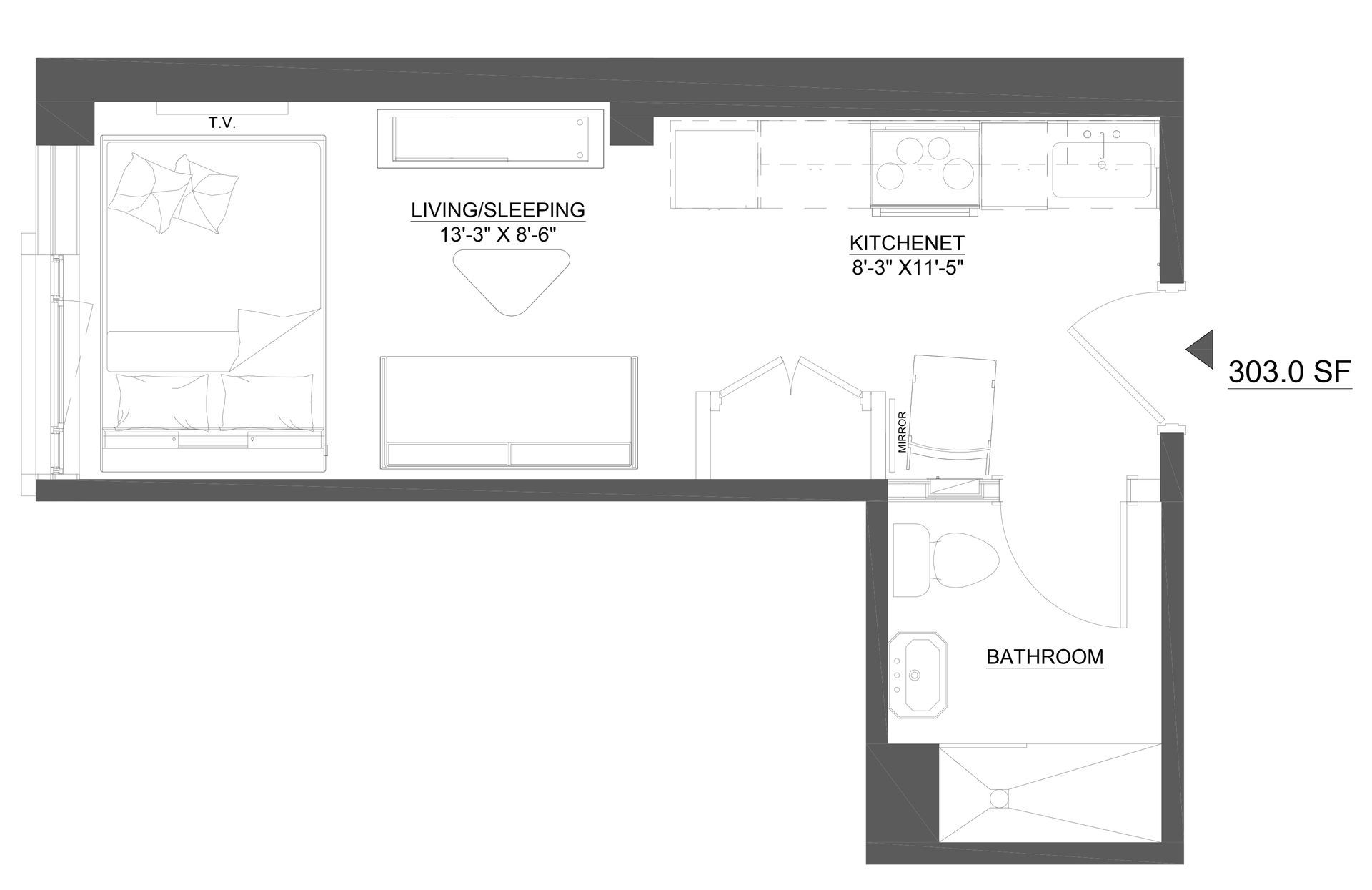 Floor plan of a studio apartment, featuring living, kitchen, and bathroom.