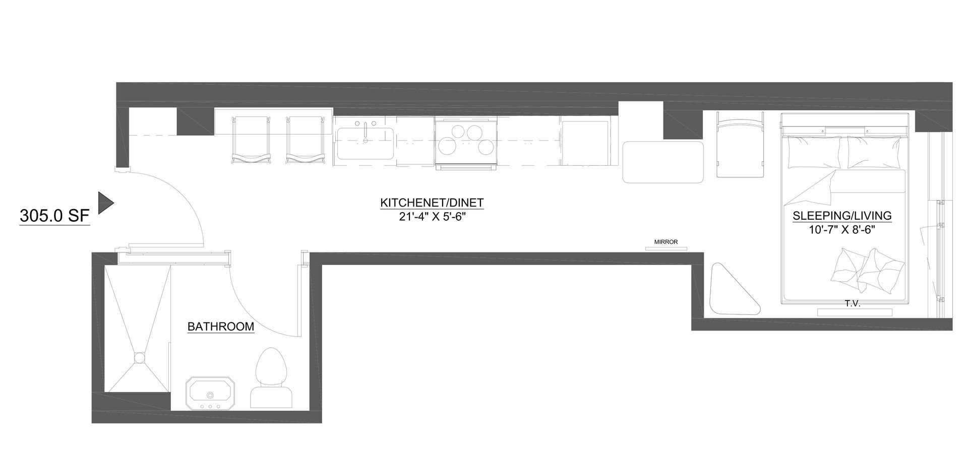 Floor plan of a studio apartment, with a bathroom, kitchen/dining area, and a bedroom.