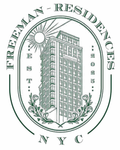 Green and white Freeman Residences logo featuring a building, sun, and floral elements.