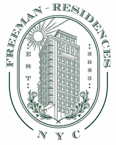Green and white Freeman Residences logo featuring a building, sun, and floral elements.