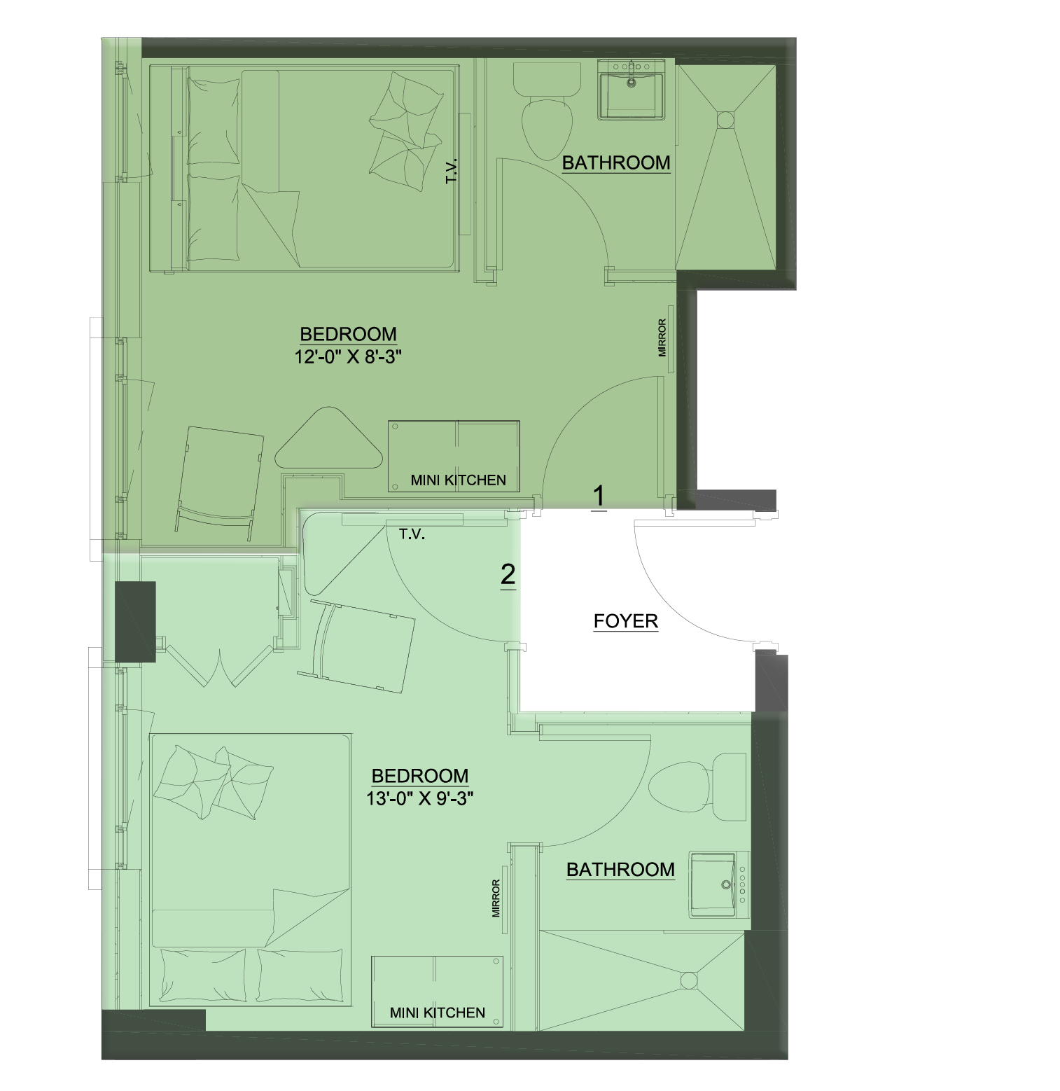 Floor plan of two bedrooms, each with a bathroom. The layout is in green and gray, with labels.