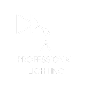 A white logo for a company called professional lighting.
