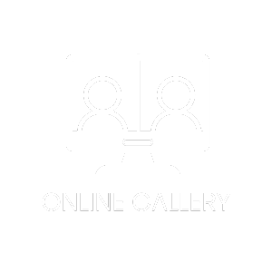 A white logo for an online gallery with a pair of scissors.