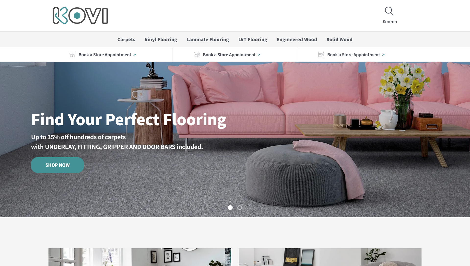 A website for a company called kovi shows a living room with a pink couch and a gray ottoman.