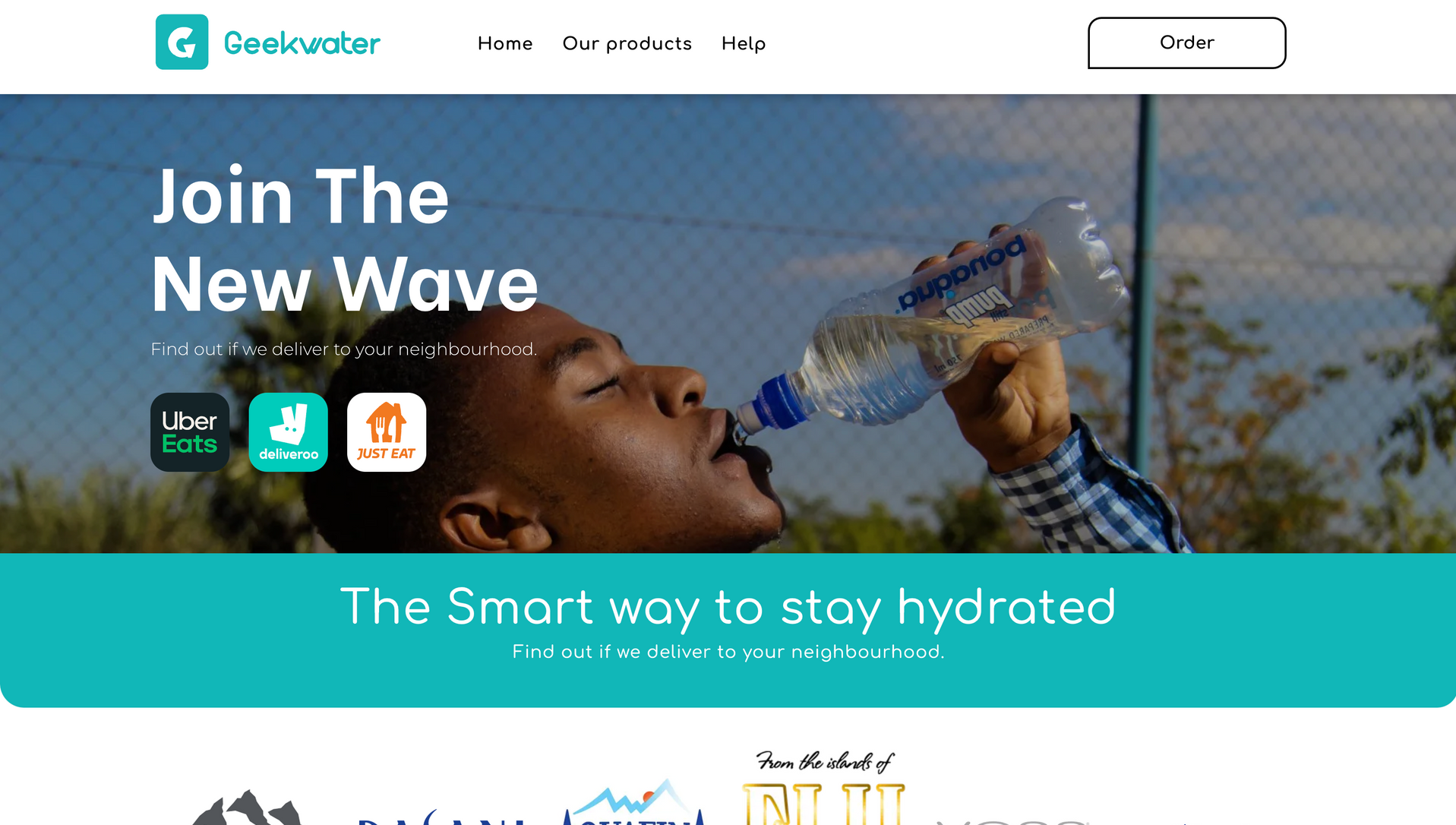 A man is drinking water from a bottle on a website.