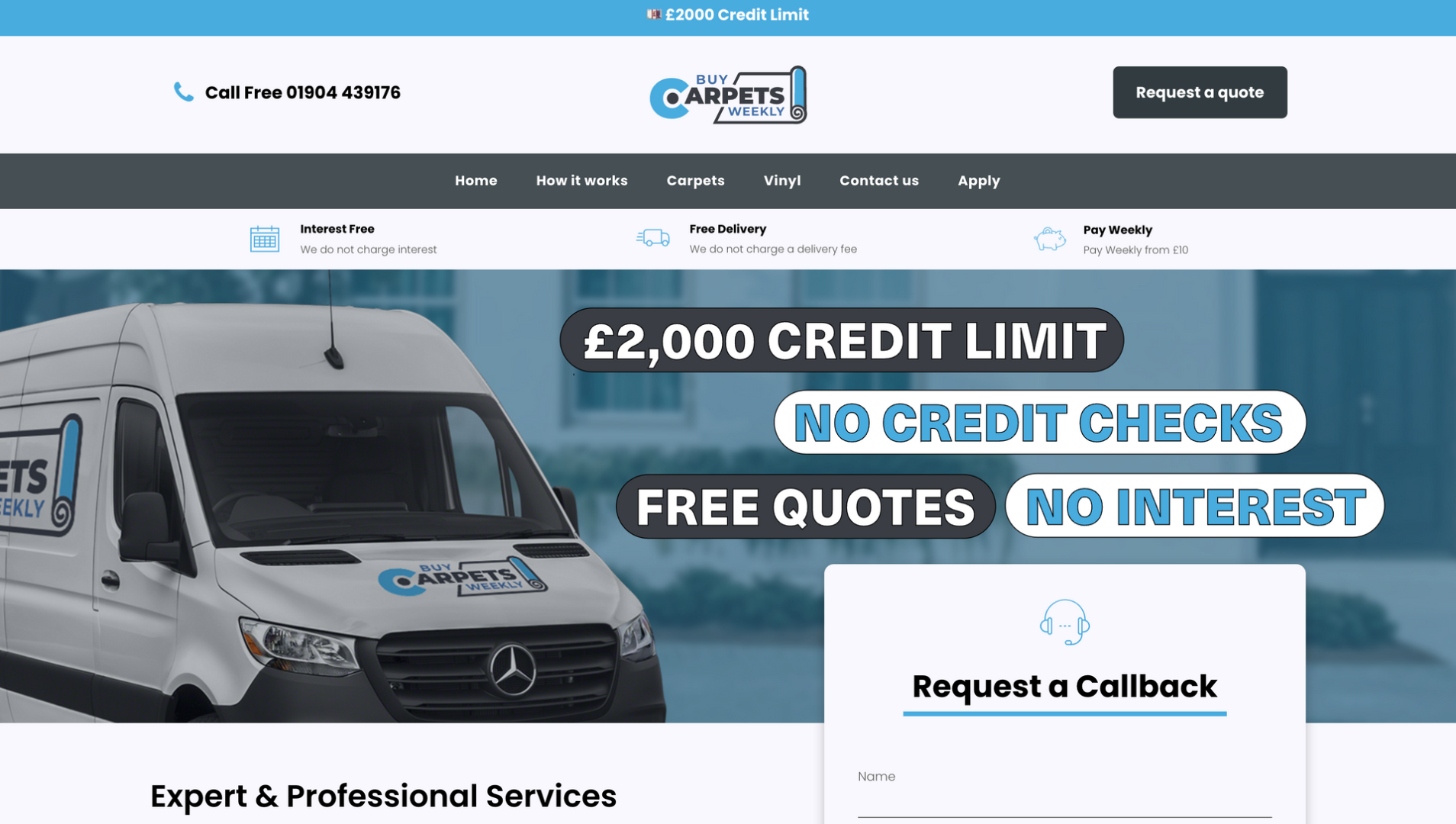 A white van is on the homepage of a website.