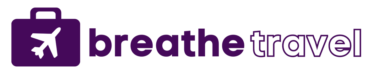 A purple logo for breathe travel with an airplane on it