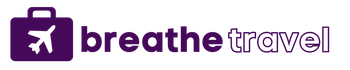 A purple logo for breathe travel with an airplane on it