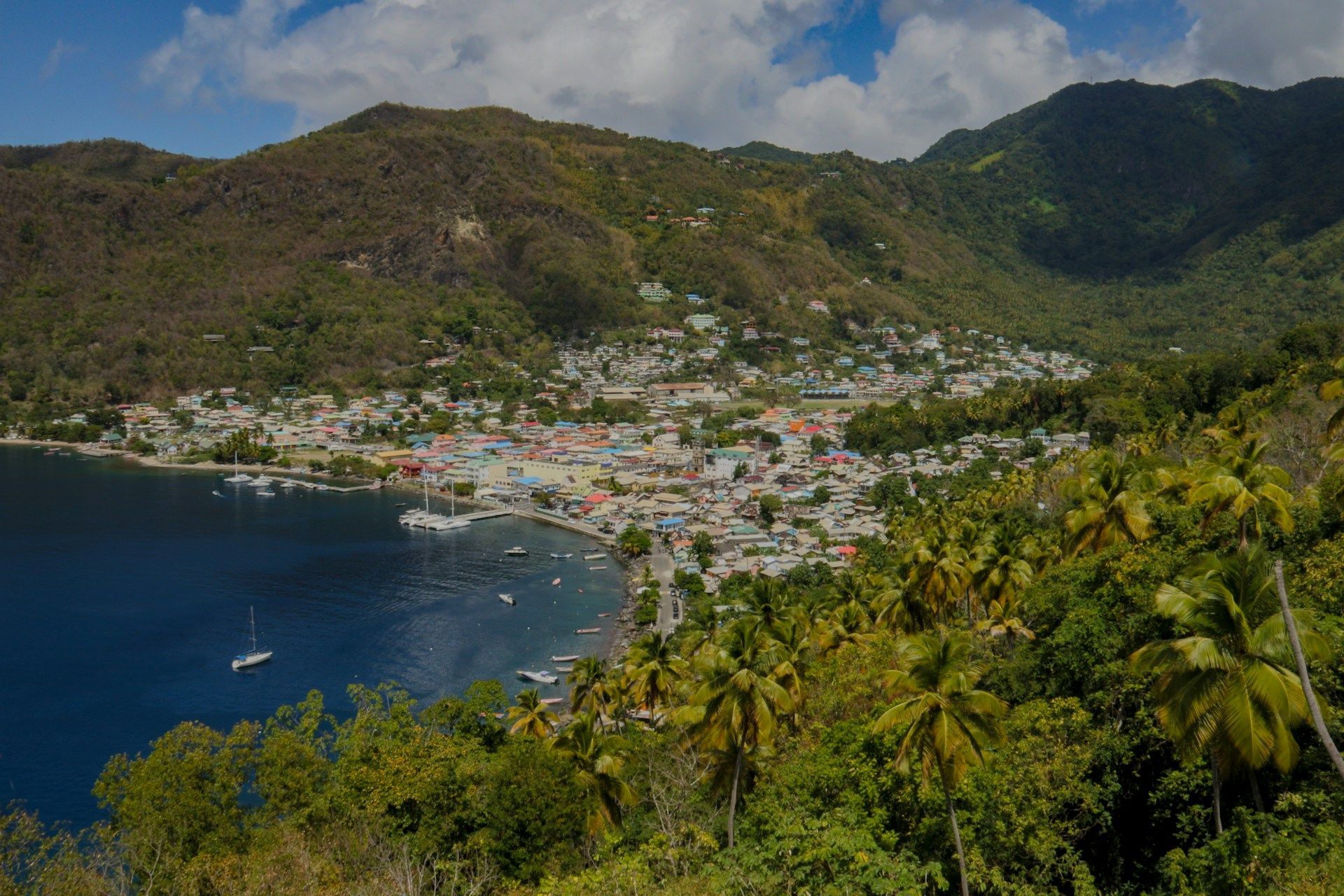 A small town is surrounded by mountains and trees next to a body of water.