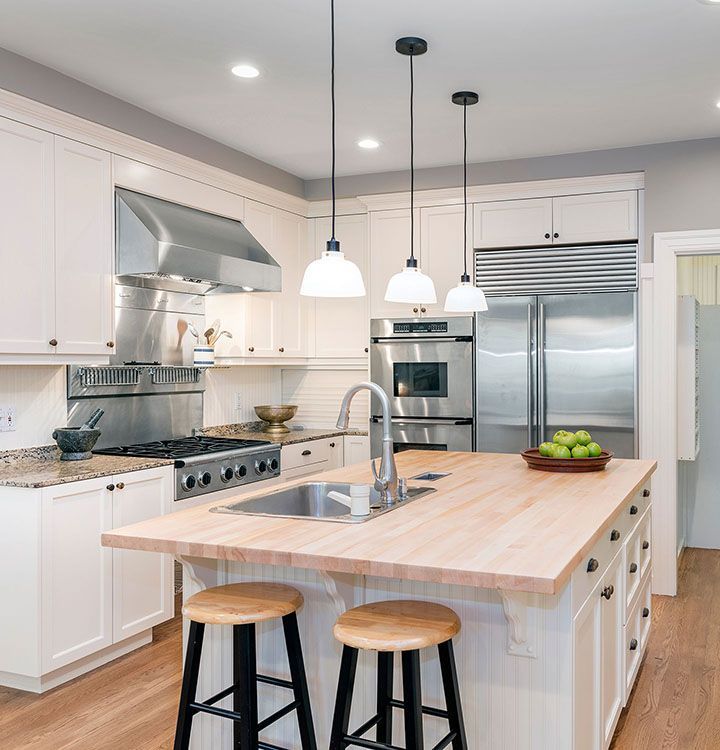 Amazing Luxury Kitchen Interior in white with wooden floor and kitchen island.