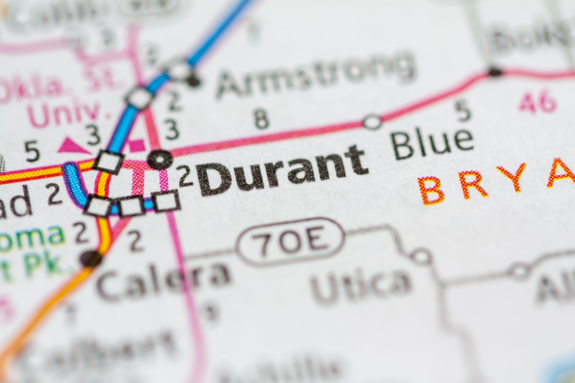 A close up of a map showing durant, oklahoma