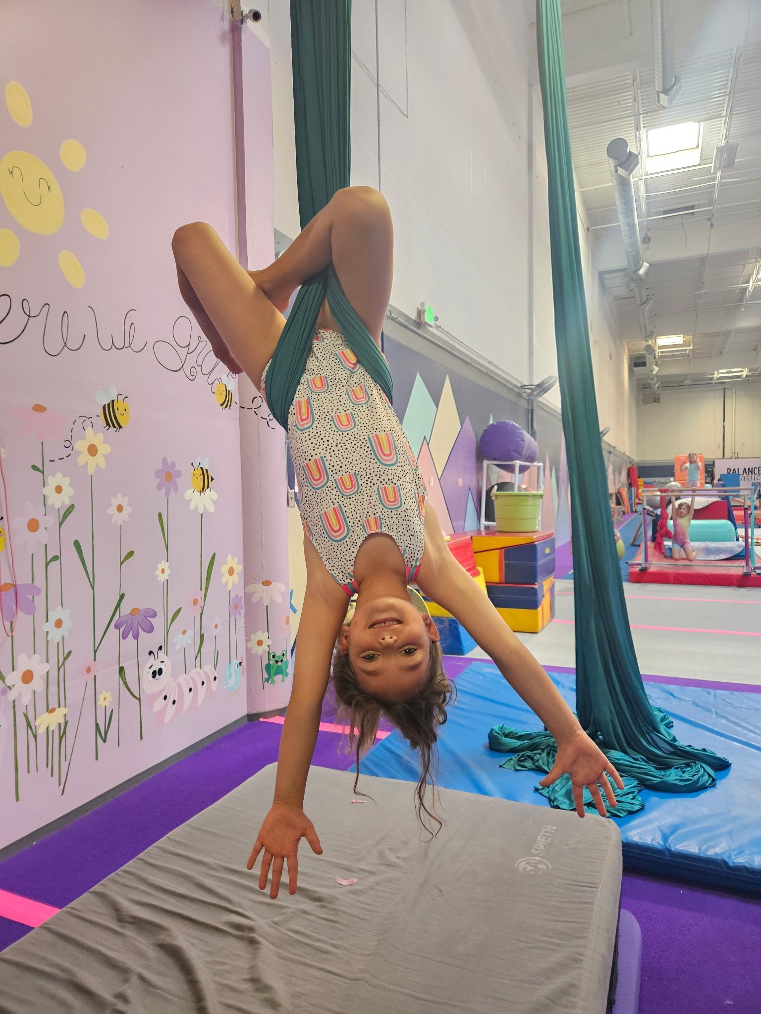 a young girl hanging on the silks with links to  Facebook, Instagram, or Email