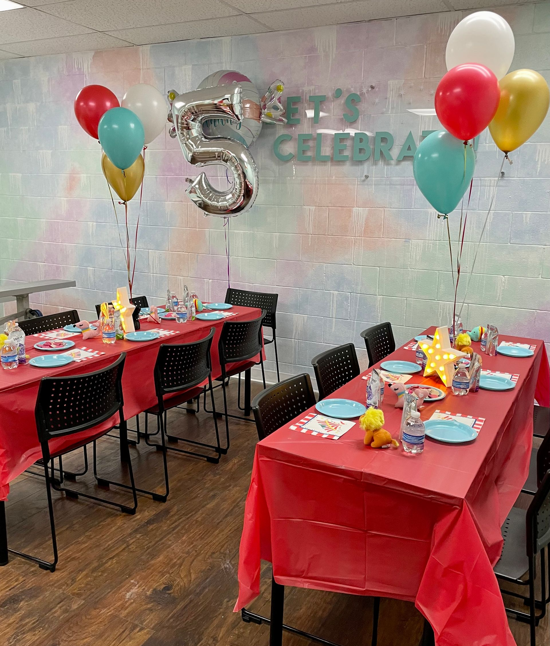 A picture of teal, pink, gold and white balloons and decorations for a 5 year old party