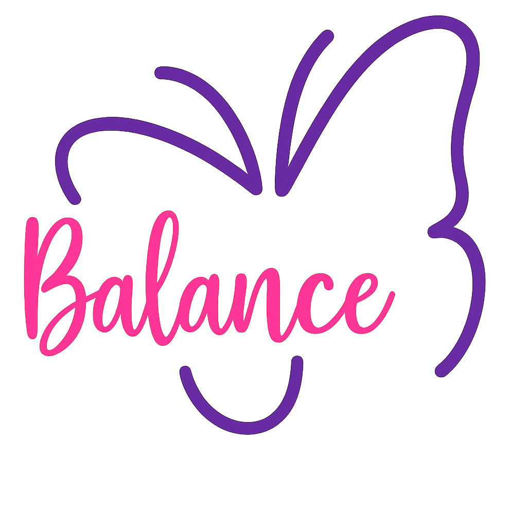 A logo for Balance Gymnastics - a purple butterfly with hot pink Balance in the center