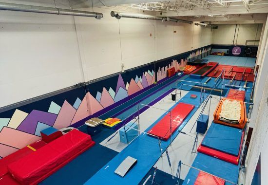 An image looking down on the gym from the balcony - shows equipment and our mountain mural