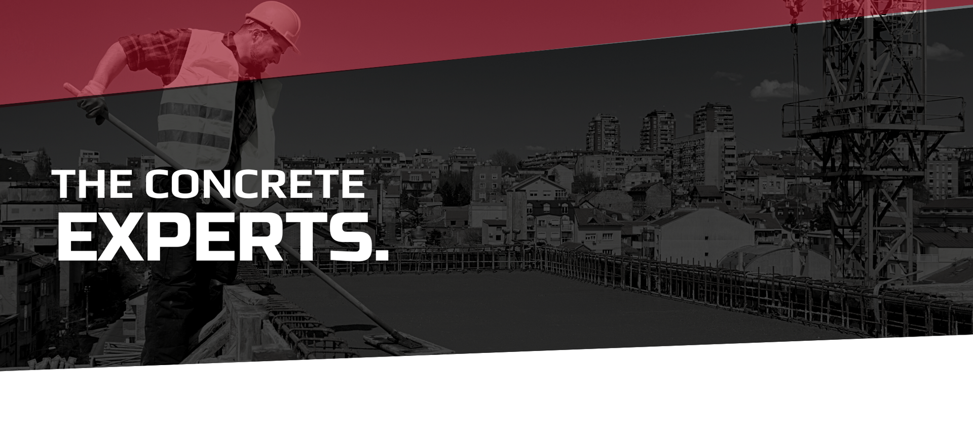 Concrete experts banner with industrial skyline and red-tinted worker silhouette.
