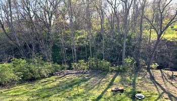 There is a fire pit in the middle of the woods.
