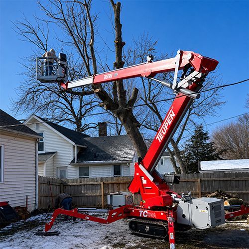 Red boom lift with worker trimming a tall tree beside a house on a sunny day