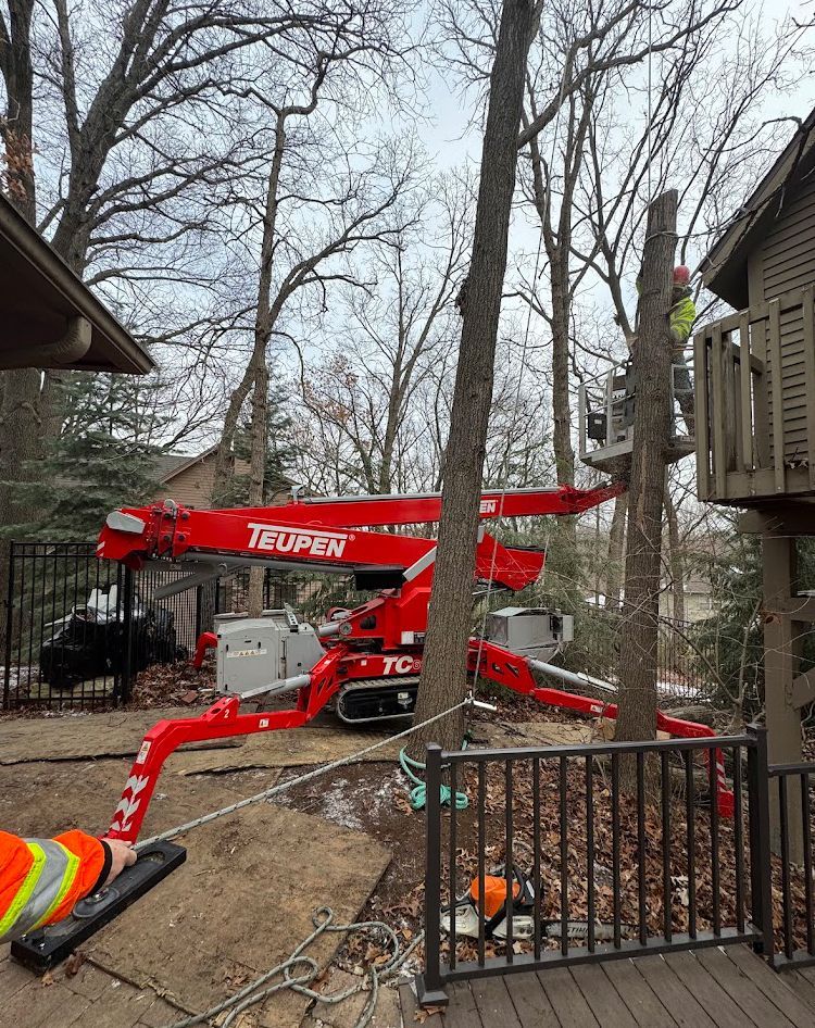 A red crane is cutting a tree in front of a house.